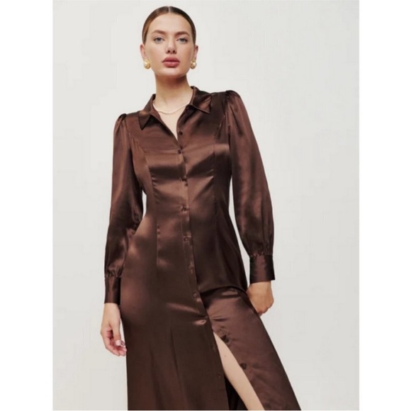 Reformation silk Elegant Brown Dress in cafe NWT - Picture 1 of 7